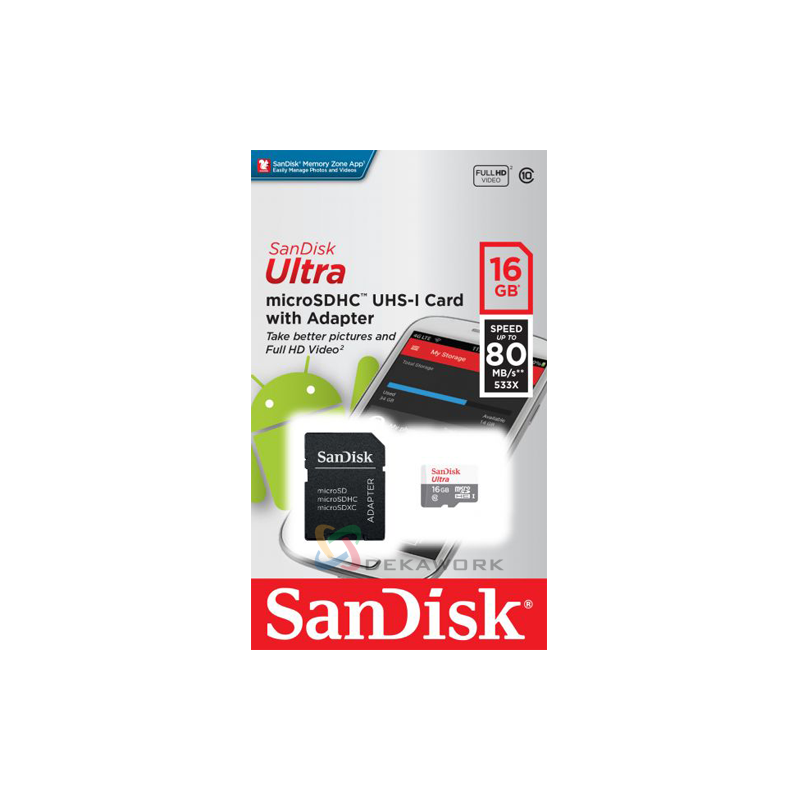 Memoria micro SDHC UHS-I Sandisk 16GB clase 10 - 80 MB/s