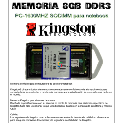 Memoria Kingston 8GB DDR3 PC-1600MHZ kvr16s11/8 SODIMM notebook